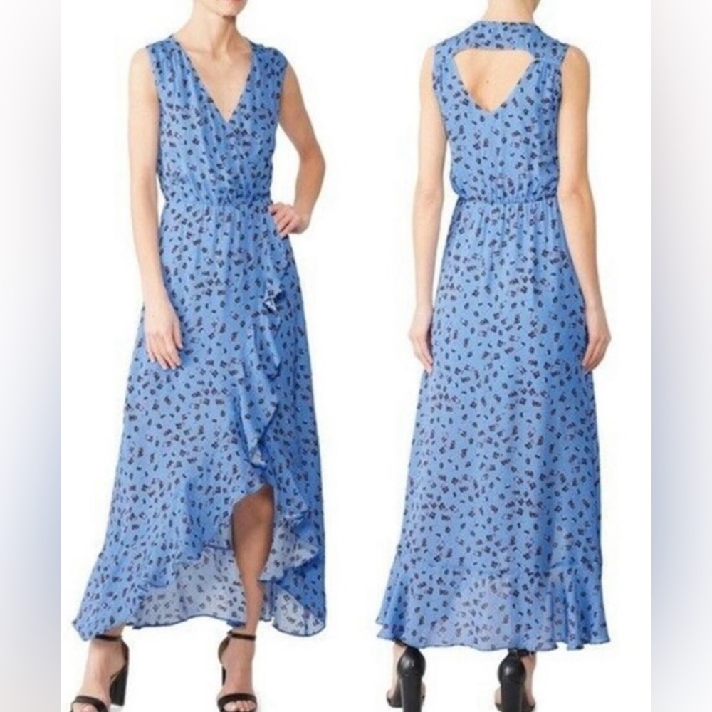 Parker ‘Betty’ blue floral silk V-neck ruffled asymmetrical hem maxi dress - S